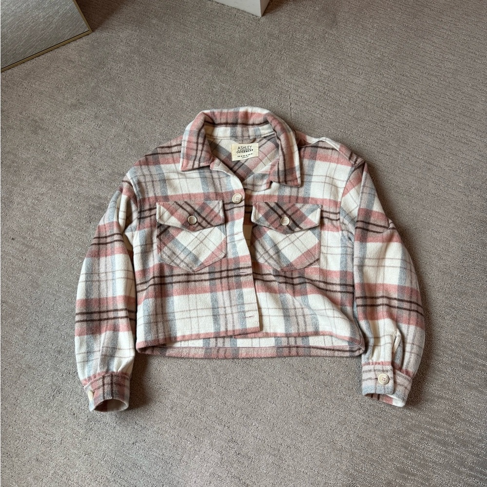 Ashley By 26 International Pink and Cream Plaid Cropped Shacket